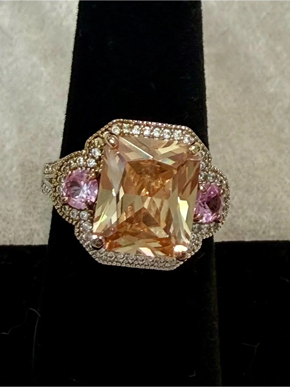🌸JTV29 - Vanna K - Champagne and Pink Halo Cocktail Ring in Sterling Silver💎🛍️